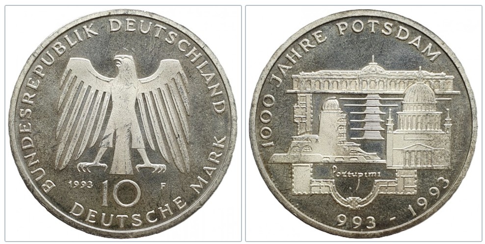  Deutschland 10 Mark 1993 F -- 1000 Jahre Stadt Potsdam Silber 9,69g fein   