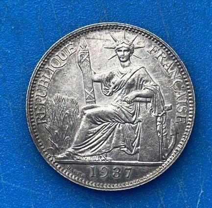  SILBER - Französisch-Indochina 20 Cents 1937 Sitzende Republik Liberté Kranz   
