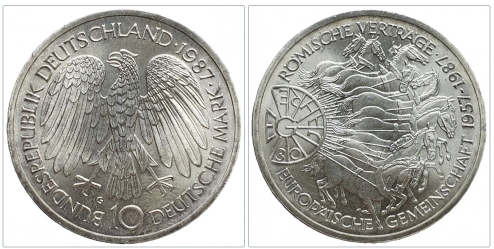  Deutschland 10 Mark 1987 G - 30 Jahre Römische Verträge 9,7 g Silber fein   