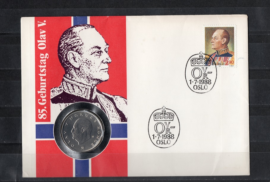 Norwegen Olav V. Numisbrief mit Briefmarke u. 5 Kronen Münze/ 2x SST./ TOP s.scan