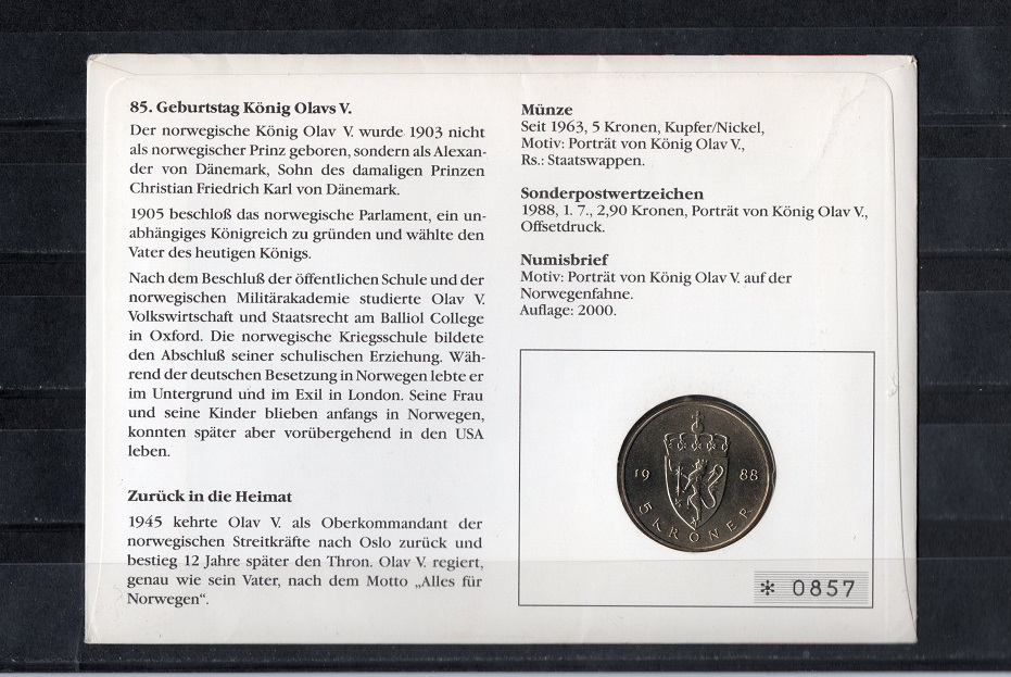  Norwegen Olav V. Numisbrief mit Briefmarke u. 5 Kronen Münze/ 2x SST./ TOP s.scan   