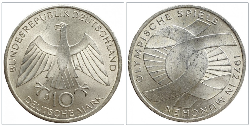  Deutschland 10 Mark 1972 J -- XX. Olympische Sommerspiele, München 9,7 g Silber fein   