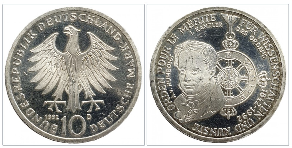  Deutschland 10 Mark 1992 D - 150 Jahre Pour le Mérite für Wissenschaften & Künste 9,7 g Silber fein   