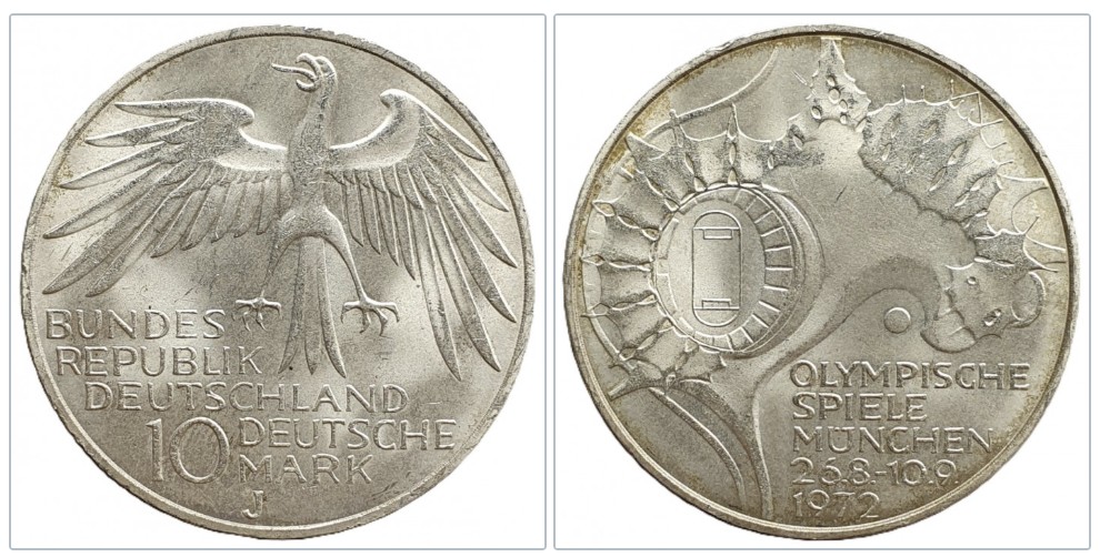  Deutschland 10 Mark 1972 J -- XX. Olympische Sommerspiele, München Stadium Silber 9,69g fein   