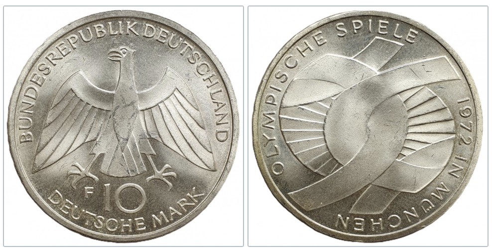  Deutschland 10 Mark 1972 F -- XX. Olympische Sommerspiele, München 9,7 g Silber fein   