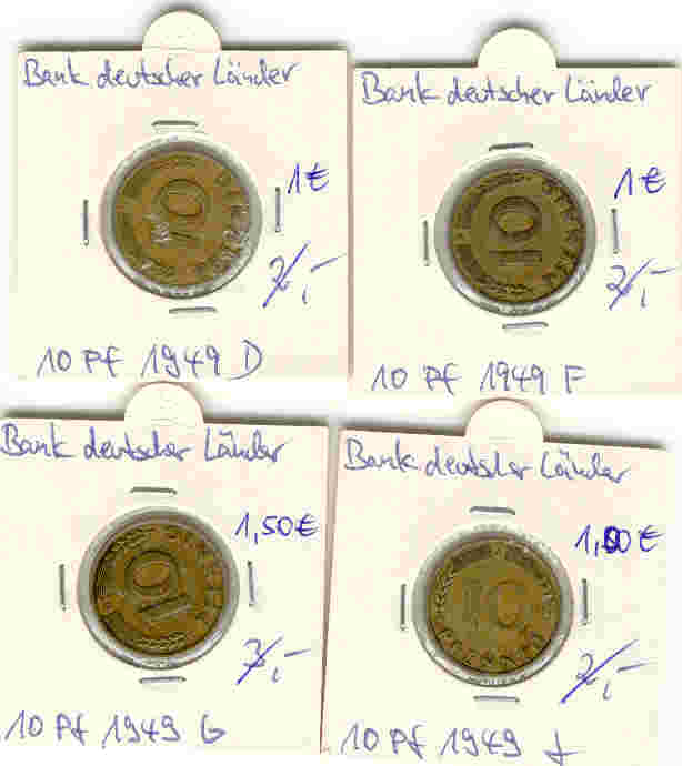 BRD, 10 Pf 1949 DFGJ, Bank deutscher Länder, kpl. Satz, 4 Stück aus dem Umlauf   
