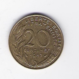  Frankreich 20 Centimes Al-N-Bro 1987  Schön Nr.230 (C 9 )   