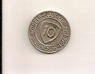  Städtenotgeld Coblenz, 10 Pfennig 1921, Kehrprägung, vorzüglich +   