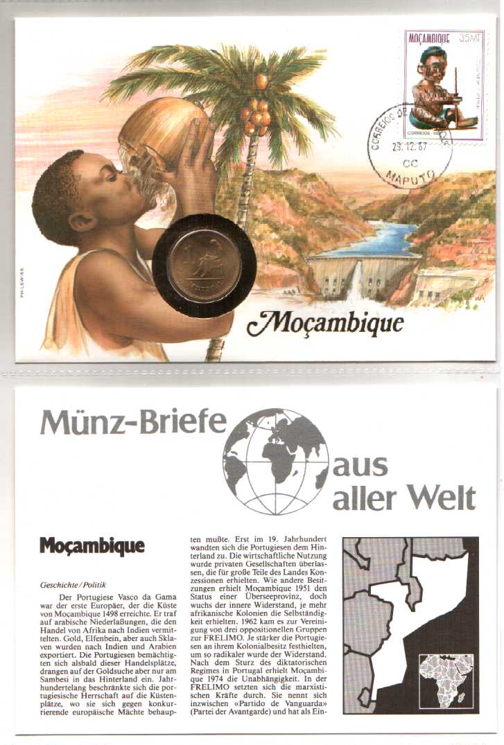Numis - Phila - Brief Mocambique Münze 1 Metical 1982 und Marke Homem 1987
