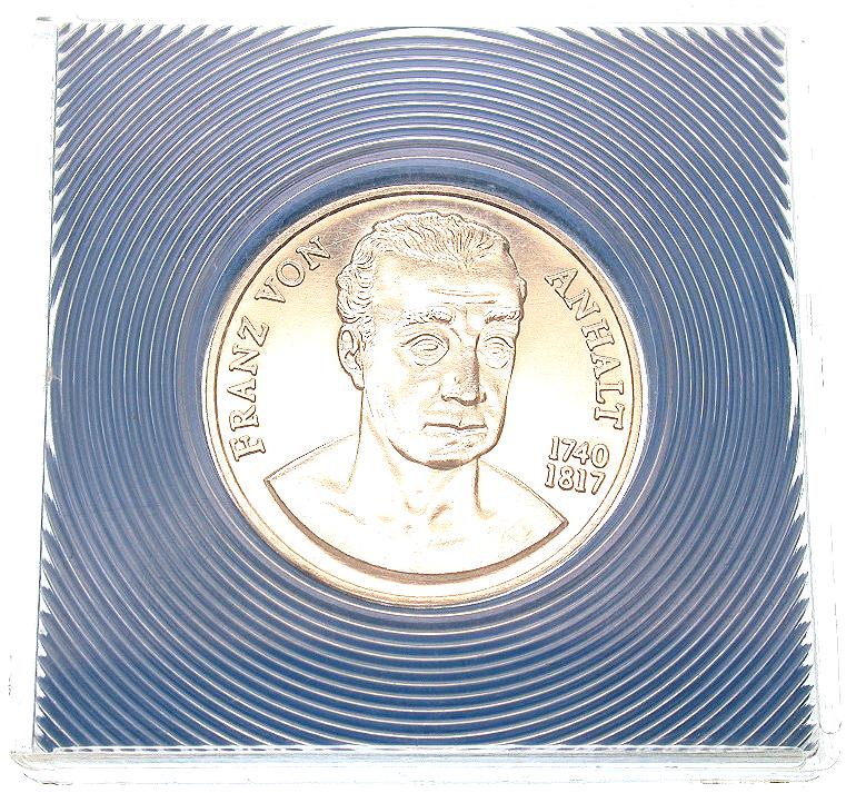 DDR Medaille Franz v. Anhalt - Wörlitz Garten d. Aufklärung - orig. blaue 5 M Münzbox - Originalbild