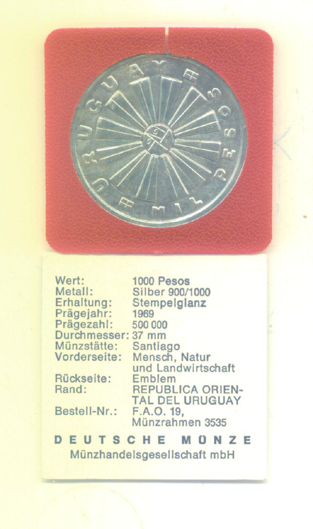  1000 Pesos Uruquay 1969  (FAO) (Silber 25g)(G1477)   