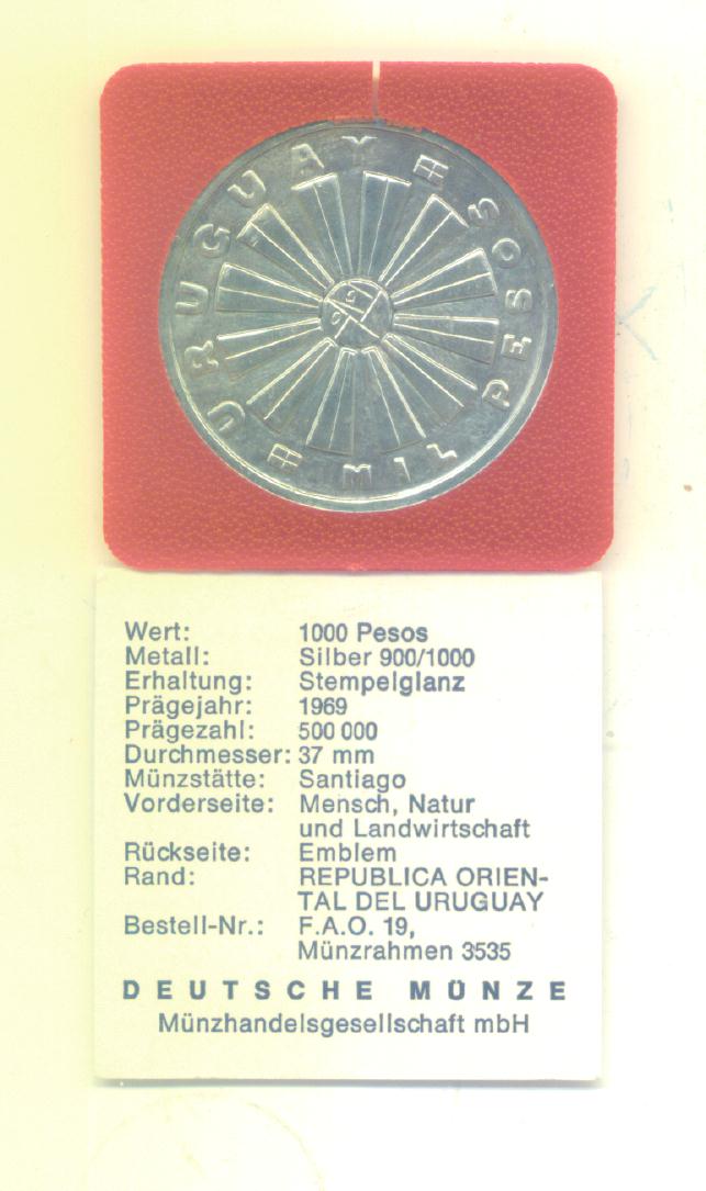 1000 Pesos Uruquay 1969 (FAO) (Silber 25g)(G1477)