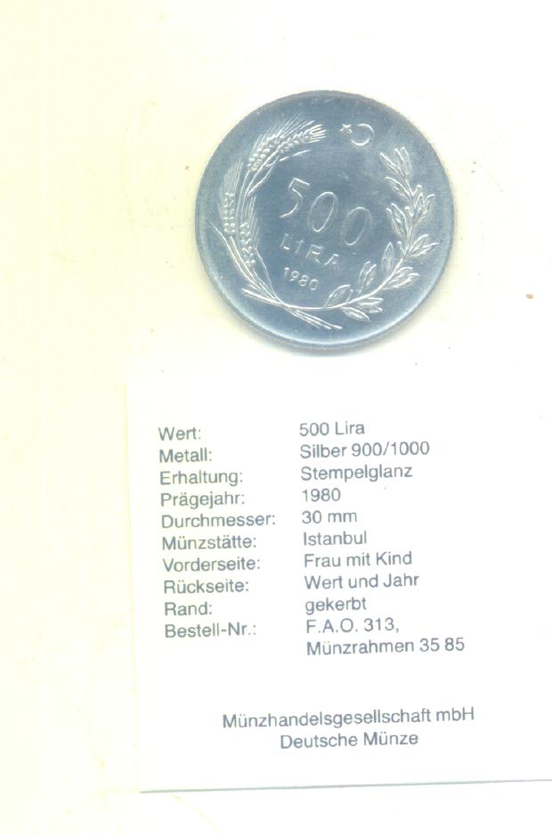  500 Lira Türkei 1980 (FAO)(Silber 9g)   