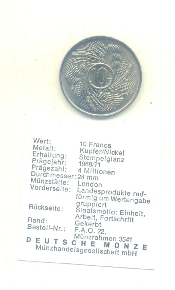  10 Francs Burundi 1968 (FAO)   