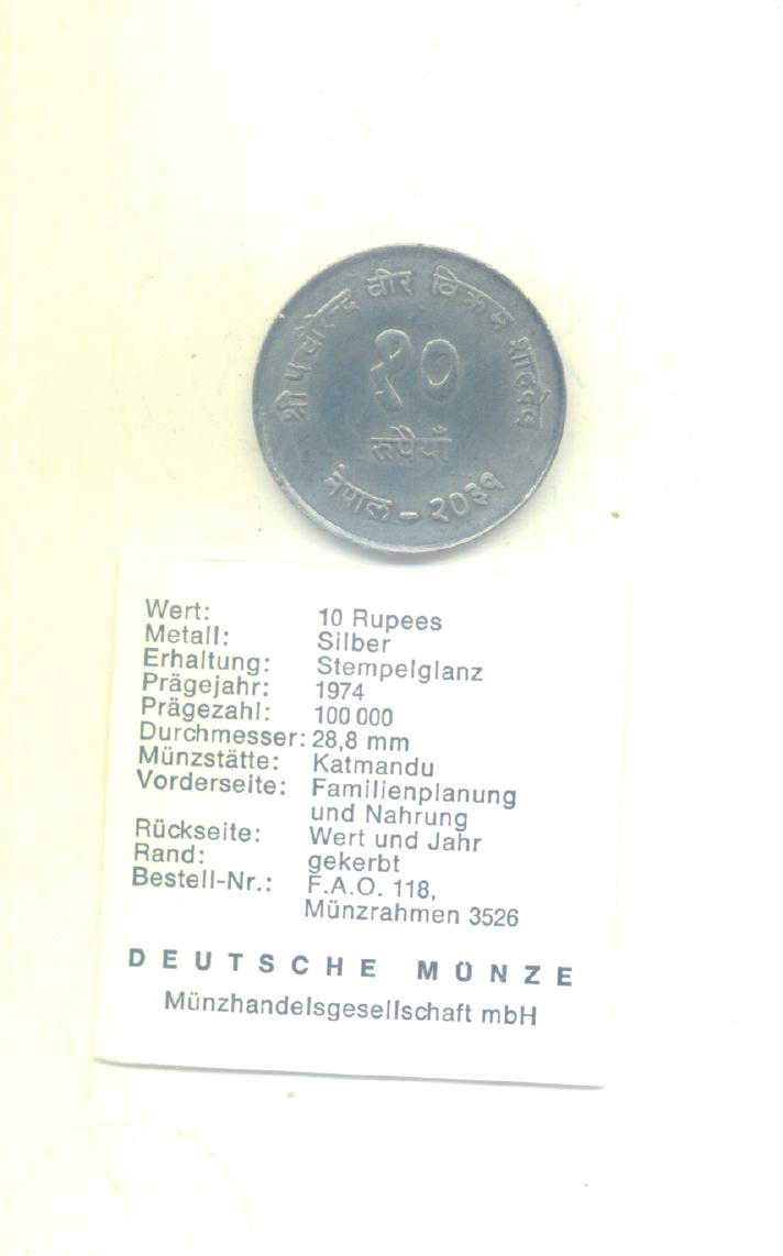  10 Rupees Nepal 1974(FAO)(Silber 8g)   