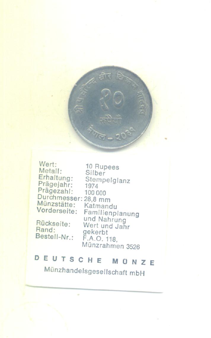 10 Rupees Nepal 1974(FAO)(Silber 8g)