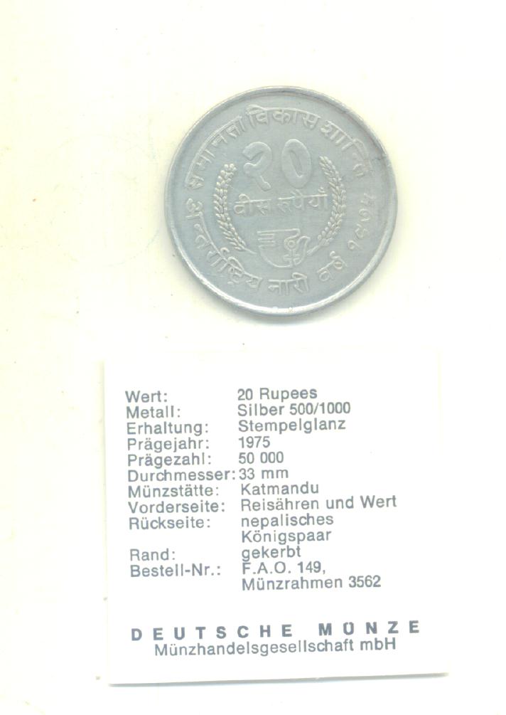  20 Rupees Nepal 1975(FAO)(Silber 14,85 g)   