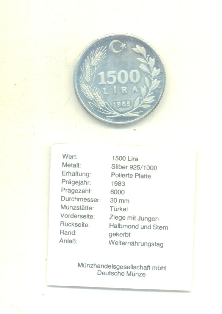  1500 Lira Türkei 1983(FAO)(Silber 16 g)   