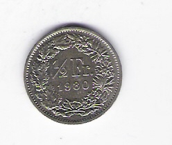  Schweiz 1/2 Franken K-N 1980  Schön Nr.27a   