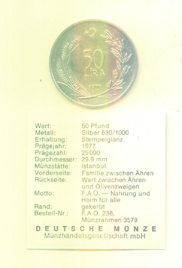 50 Lira Türkei 1977(FAO)(Silber 8,85g)