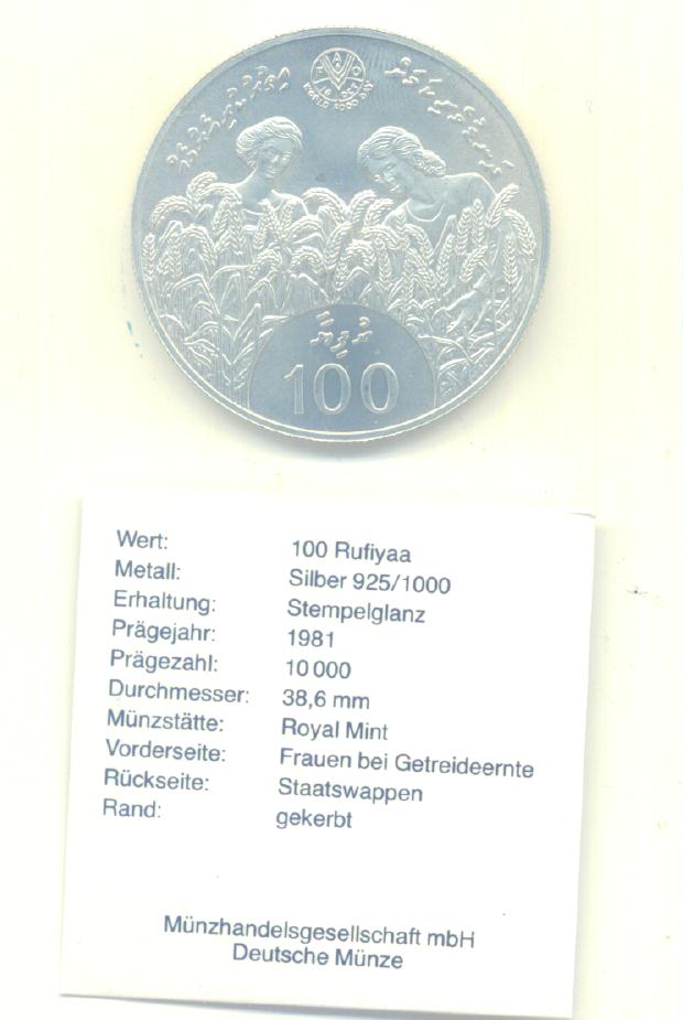  100 Rufiyaa Malediven 1981 (FAO)(Silber 28,28 g)   